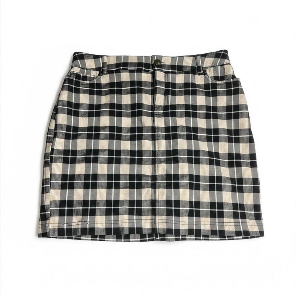 Cato Black & Beige Plaid Stretch Mini Skirt Sz 8 Preppy School Zip/Button Front